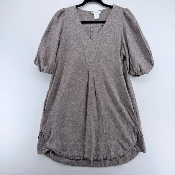 Cynthia Rowley Womens Brown Linen Blend Puff Sleeve V-Neck Shift Dress Size 8 - Picture 1 of 5